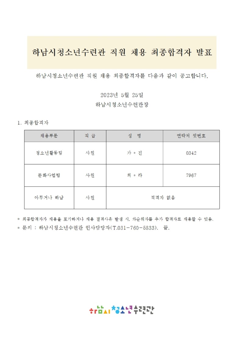 붙임3. 하남시청소년수련관 청소년활동팀, 문화사업팀 직원 채용 최종합격자 발표 공고문001.jpg