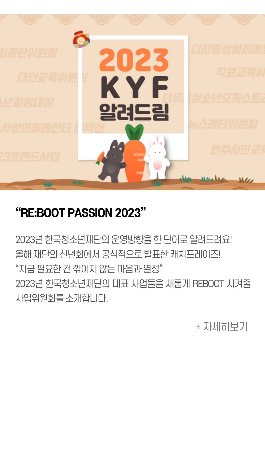 “RE:BOOT PASSION 2023” : 2023년 한국청소년재단의 운영방향을 한 단어로 달려드려요! 올해 재단의 신년회에서 공식적으로 발표한 캐치프레이즈! “지금 필요한 건 꺾이지 않는 마음과 열정”  2023년 한국청소년재단의 대표 사업들을 새롭게 REBOOT 시켜줄 사업위원회를 소개합니다. 
